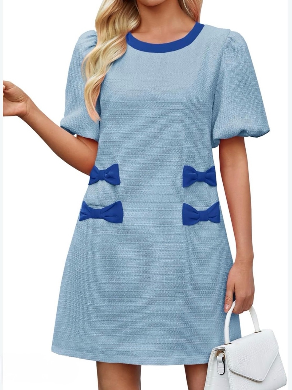 Wenrine Retro A-Line Light Blue Tweed Shift Dress Royal Blue Trim Trimmed, M